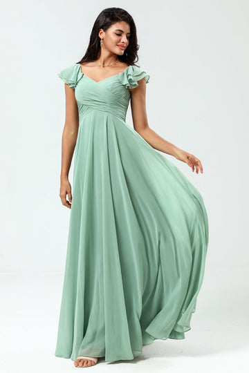 A Line Lace-Up Back Chiffon Green Bridesmaid Dress with Ruffles